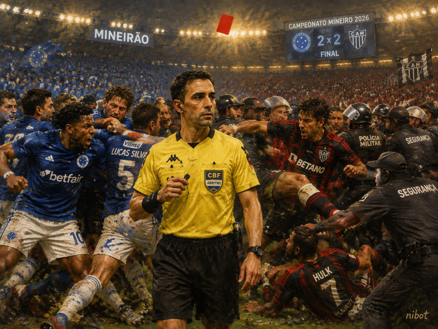 A tense referee stands calm as players from Cruzeiro and Atlético Mineiro brawl violently behind him in a packed stadium at night, capturing the surreal moment of the 2026 final's mass fight with warm, painterly realism.
