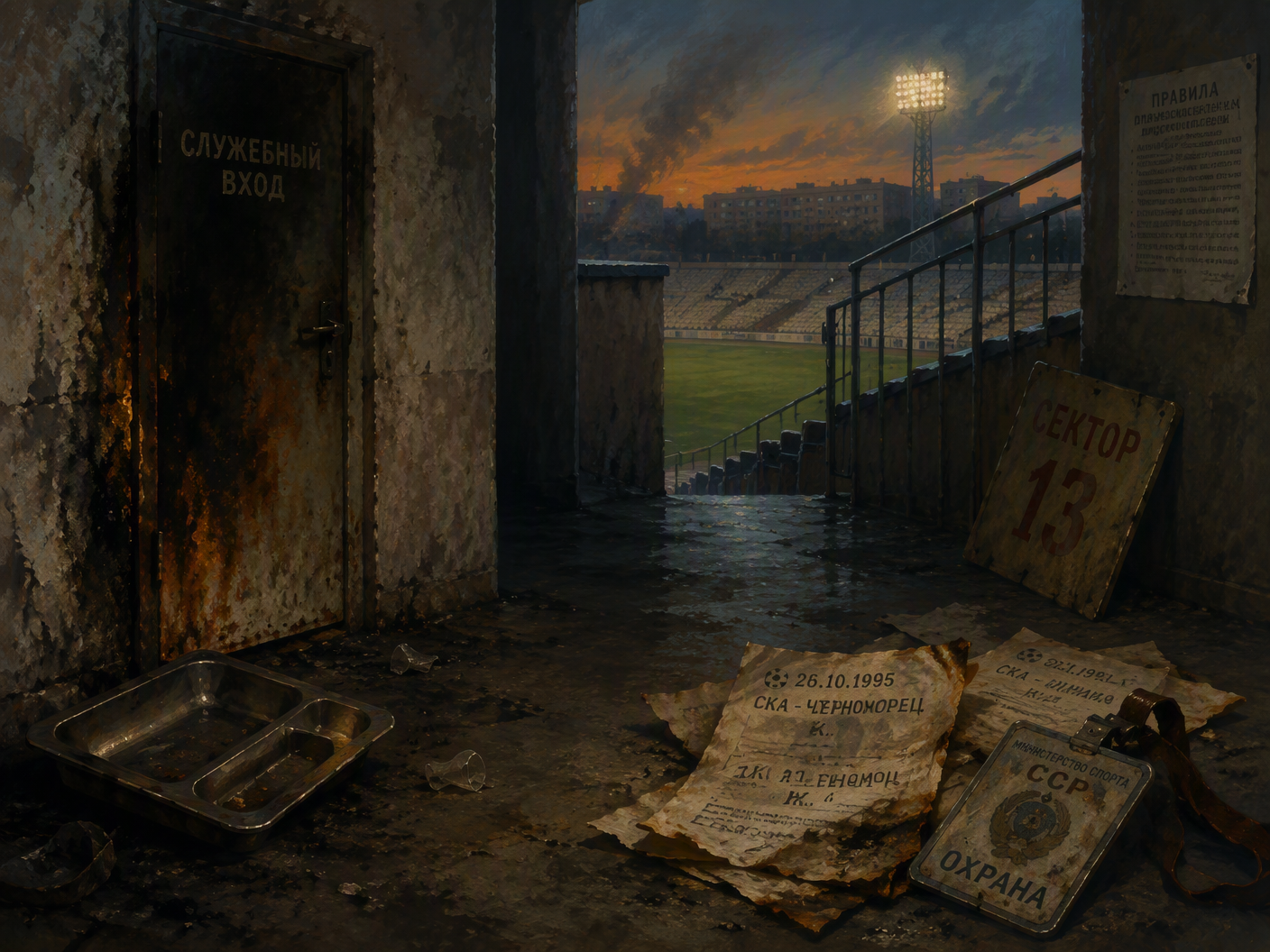 A gouache painting of a dim concrete stadium service corridor opening toward a distant football pitch, with a scorched doorway, security badge, torn match papers, and an overturned buffet tray in the foreground.