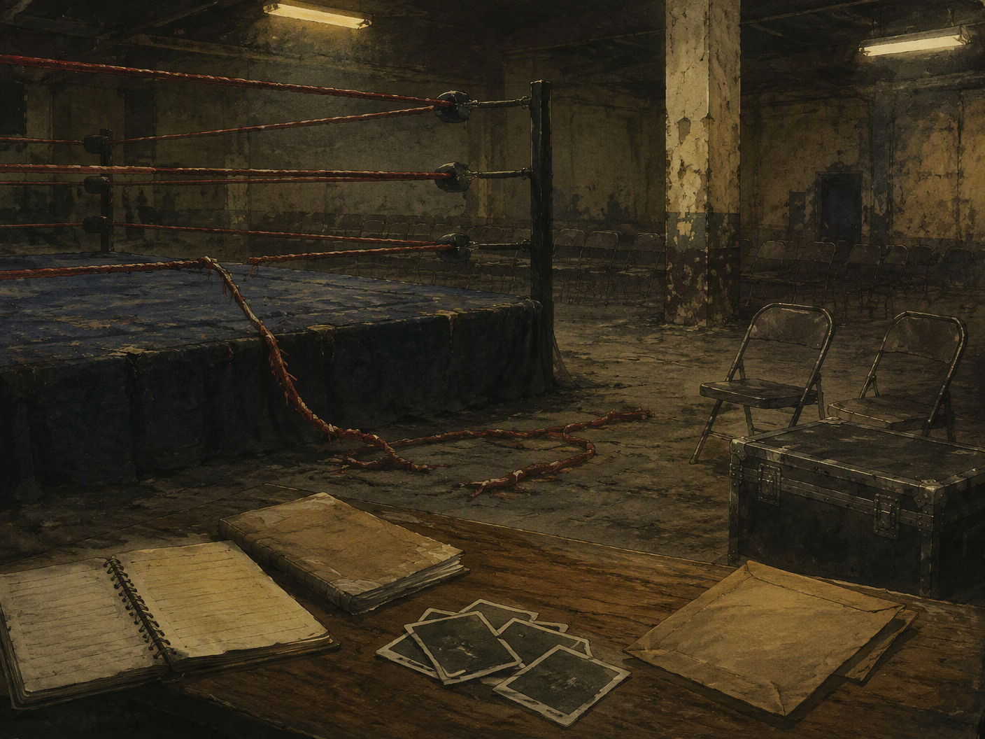 A 4:3 period illustration shows an empty corner of a worn wrestling ring inside a dim 1990s industrial venue. Slack ropes frame a scuffed mat, where a dented folding chair and two separated coils of athletic tape rest apart from one another. Nearby are an unmarked archival carton, a closed medical folder, a sealed evidence envelope, loose stained papers without readable writing, and an unlabeled analog cassette. The scene is lit in nicotine yellow, charcoal black, bruised indigo, muted rust, and faded crimson, with dust in the air and deep shadows across the concrete floor. No people, faces, logos, or legible text appear.