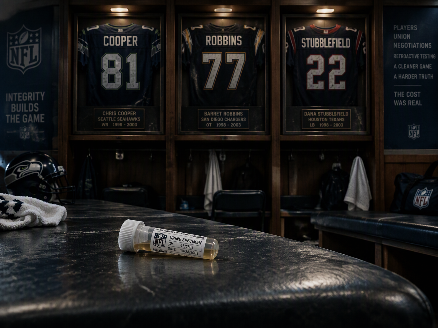 Empty NFL locker room with three Oakland Raiders jerseys hanging and a urine sample vial on a bench, lit by stadium lights, representing retrospective doping tests and their impact on players.