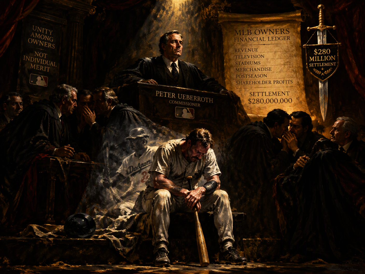 A Baroque-style painting showing shadowy MLB owners conspiring in a dark hall while an isolated Kirk Gibson stands spotlighted and burdened, symbolizing the collusion scandal and its moral reckoning.