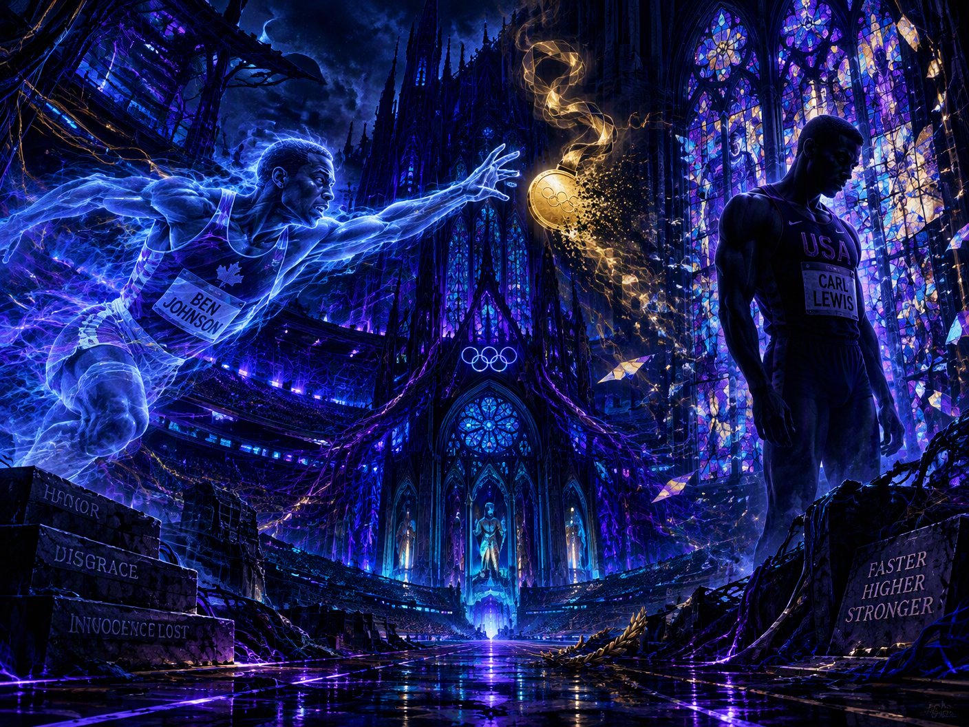 A gothic neon fantasy scene of a dystopian cathedral-like stadium at night, featuring ghostly runners representing Ben Johnson reaching for a fading gold medal while Carl Lewis watches solemnly, amidst glowing cables and shattered stained glass windows symbolizing the turmoil of the 1988 Olympic 100m final and its contested doping scandal.