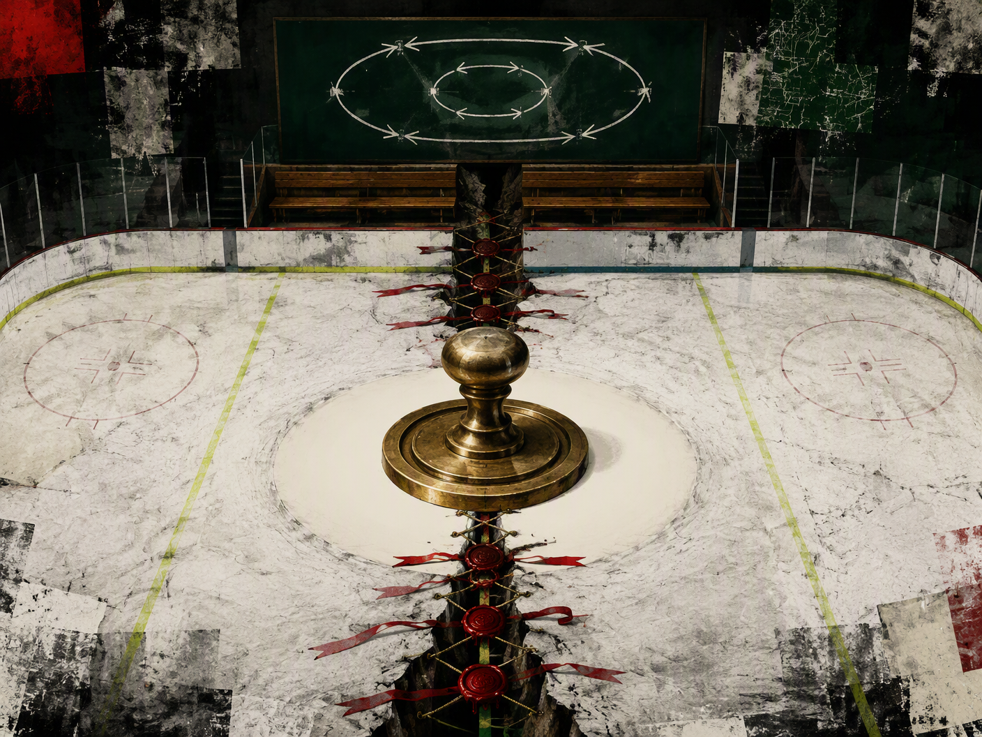 An overhead view of an ice rink divided by a chasm and stitched with red legal wax sutures; a blank notary seal at center ice erases the markings beneath it.