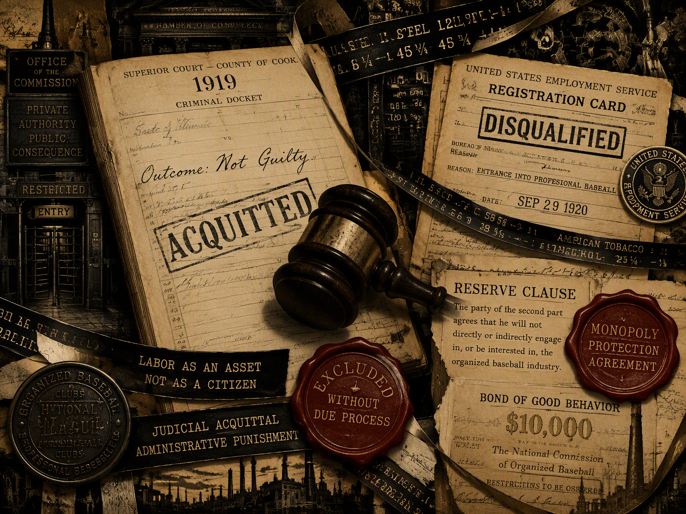 A sepia-and-black collage shows a vintage legal ledger split by a judicial gavel, with ticker-tape ribbons, bank promissory notes, and heavy wax seals arranged around the fracture. No people, faces, or sports equipment appear.