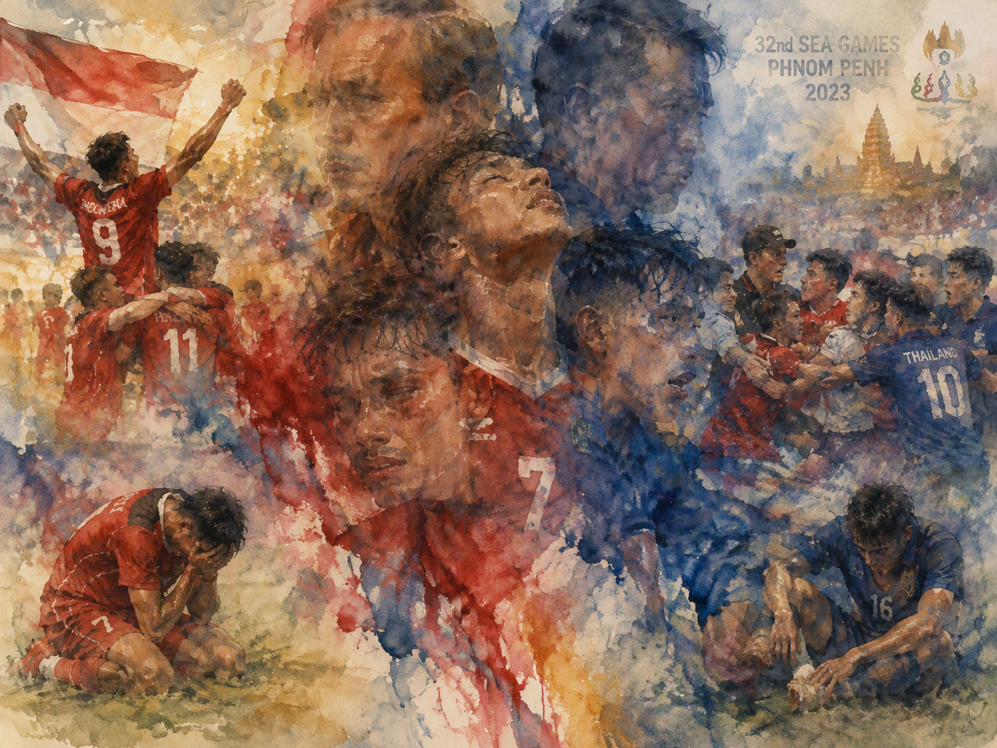Watercolor expressionist painting showing dissolving faces of football players and coaches intertwined in blurred conflict, pigment blooms spreading across a stadium background in reds, blues, and golds, evoking emotional intensity and fading memory of a violent SEA Games final.