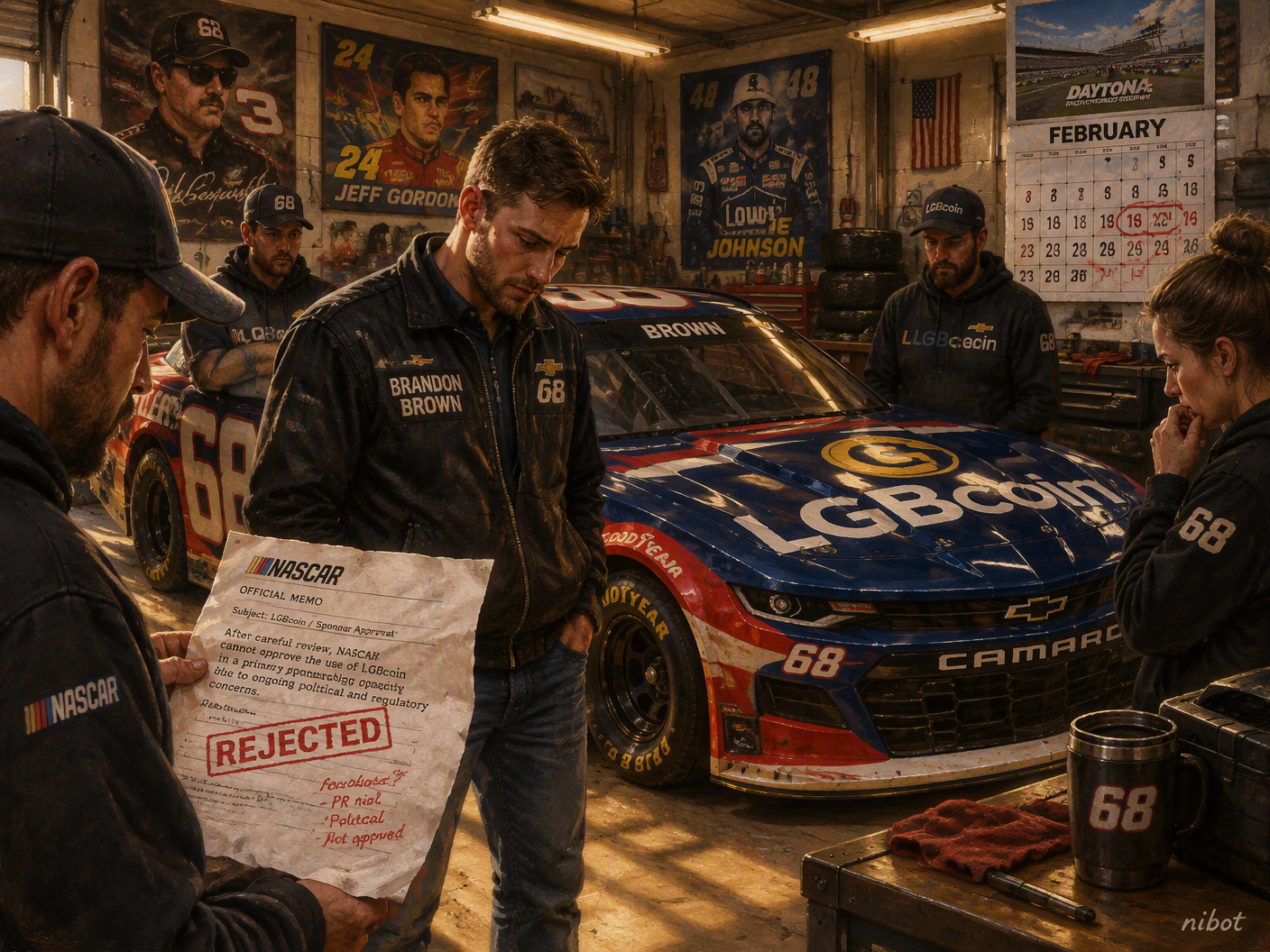 Brandon Brown and his racing team stand in a warmly lit garage around their No. 68 Chevrolet Camaro with the LGBcoin logo, holding a NASCAR rejection memo, expressing concern and quiet resolve amid the sponsorship controversy.