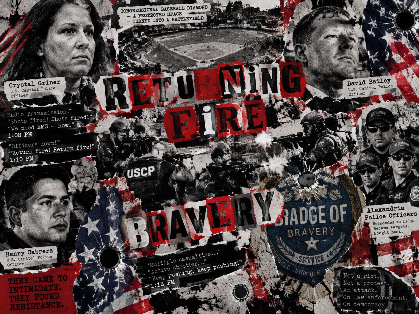 Punk collage of Capitol Police agents and Alexandria officers returning fire during the 2017 congressional baseball shooting, with torn paper, ransom lettering, and bullet hole motifs symbolizing violent disruption and official bravery.