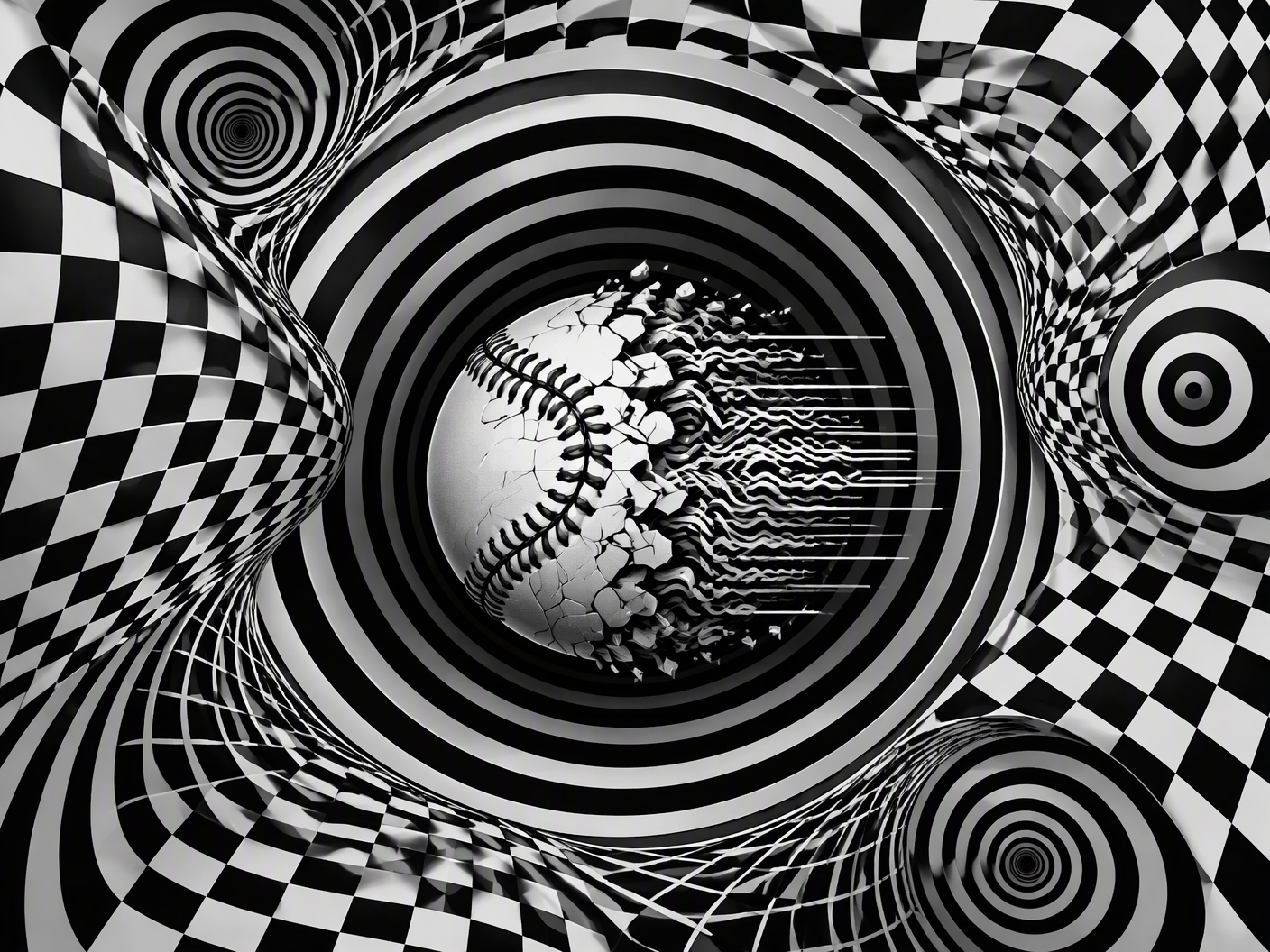 An optical illusion artwork showing a warped grid and concentric circles that distort around a dissolving baseball, symbolizing the confusing and unclear basis of Cesar Carrillo’s MLB suspension.