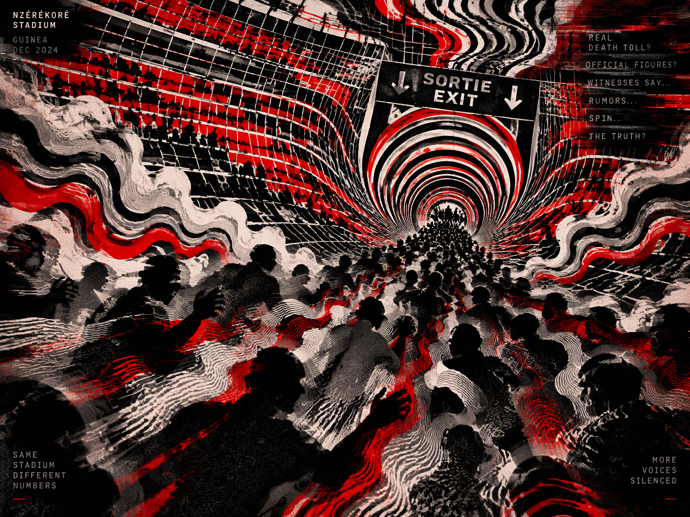 Abstract Op Art image with warped stadium grid and narrowing concentric vortex representing a congested exit gate, shadowy crowd forms pushing toward it, and rippling tear gas lines in black, white, and red, symbolizing chaos, panic, and contested truths after Guinea’s Nzérékoré stadium disaster.