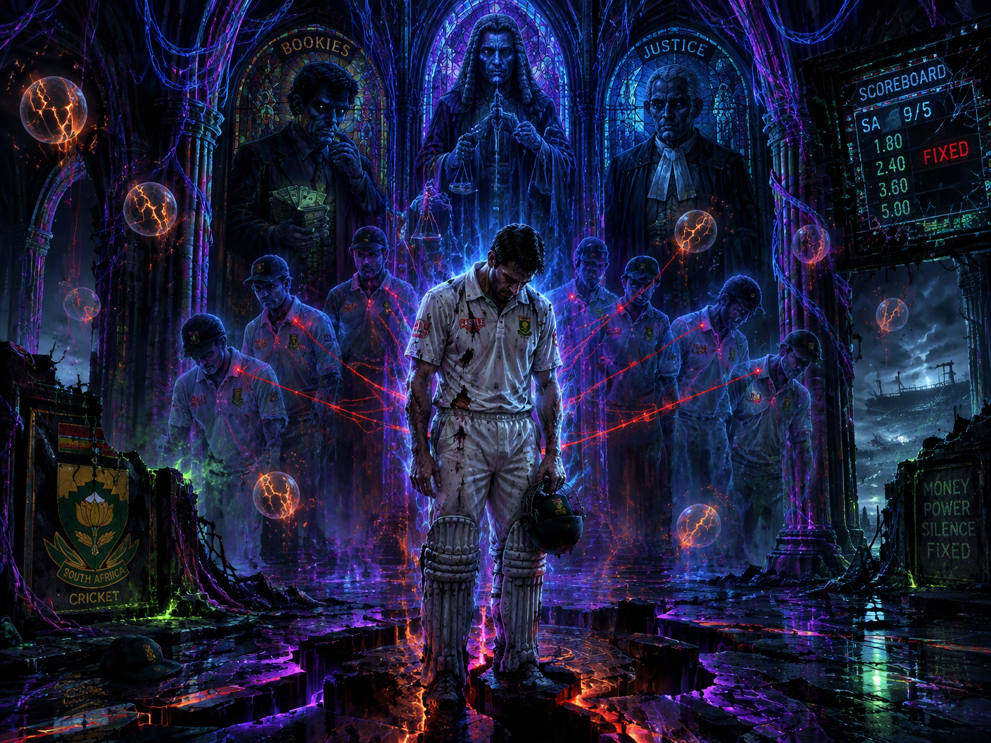 A neon gothic cathedral tribunal with Hansie Cronje in cricket whites at the center, surrounded by glowing organic cables and ghostly figures representing judges and bookies, symbolizing his fall from grace amid match-fixing allegations and a life ban in South African cricket.