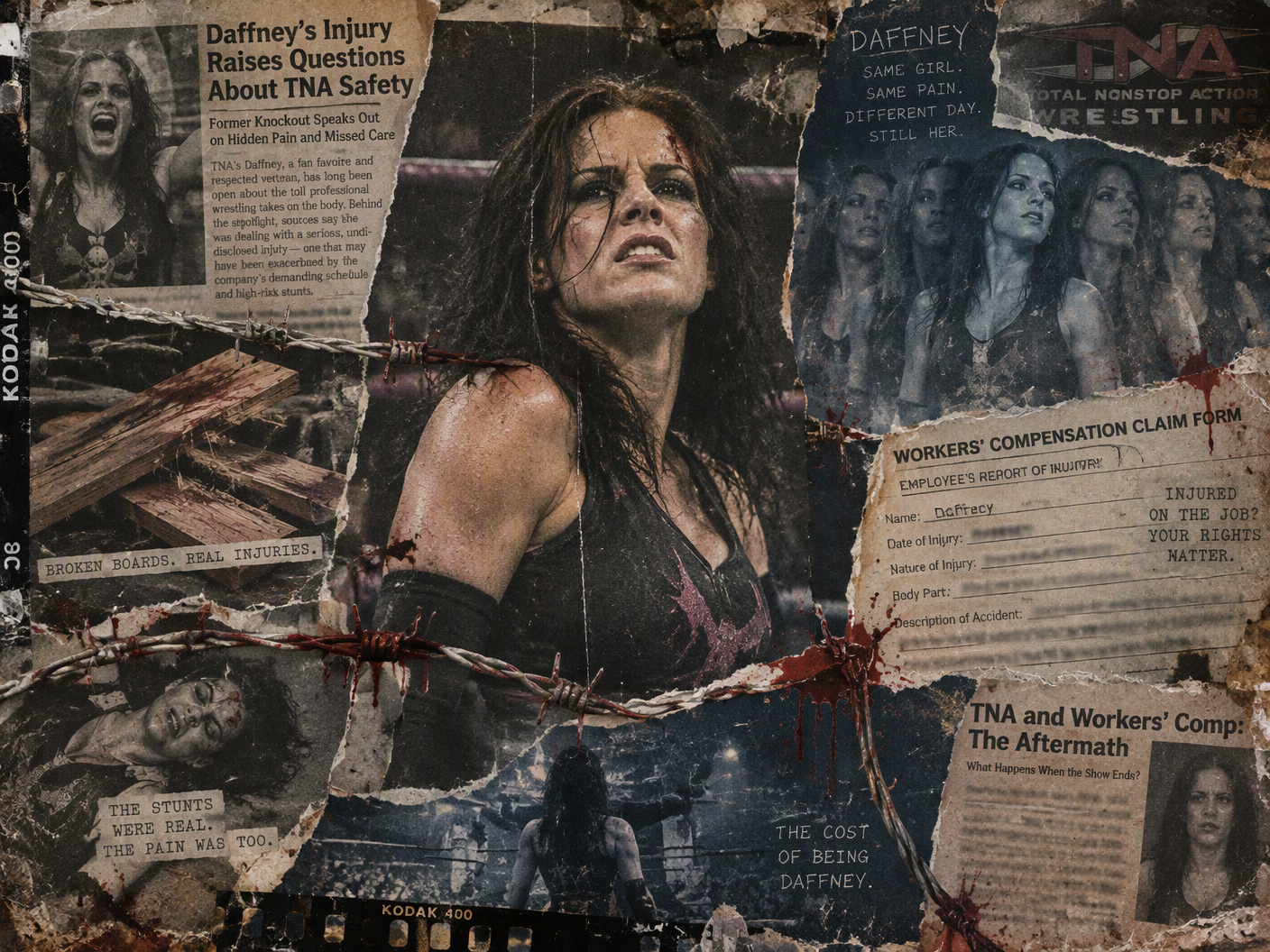Photo collage of wrestler Daffney mid-ring with torn barbed wire and broken boards around her, layered with faded legal documents and newspaper clippings, in a distressed sepia-blue palette symbolizing injury and labor struggle.