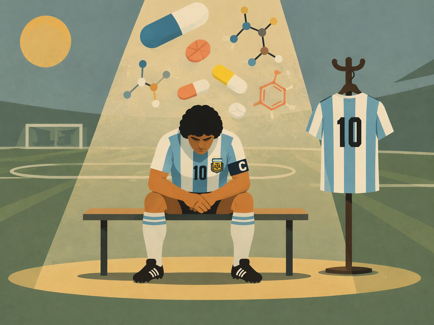 Mid-century modern style illustration of Diego Maradona sitting alone on a bench under a spotlight, surrounded by stylized pills and an empty Argentina soccer jersey, symbolizing his removal from the 1994 World Cup team due to a positive drug test.