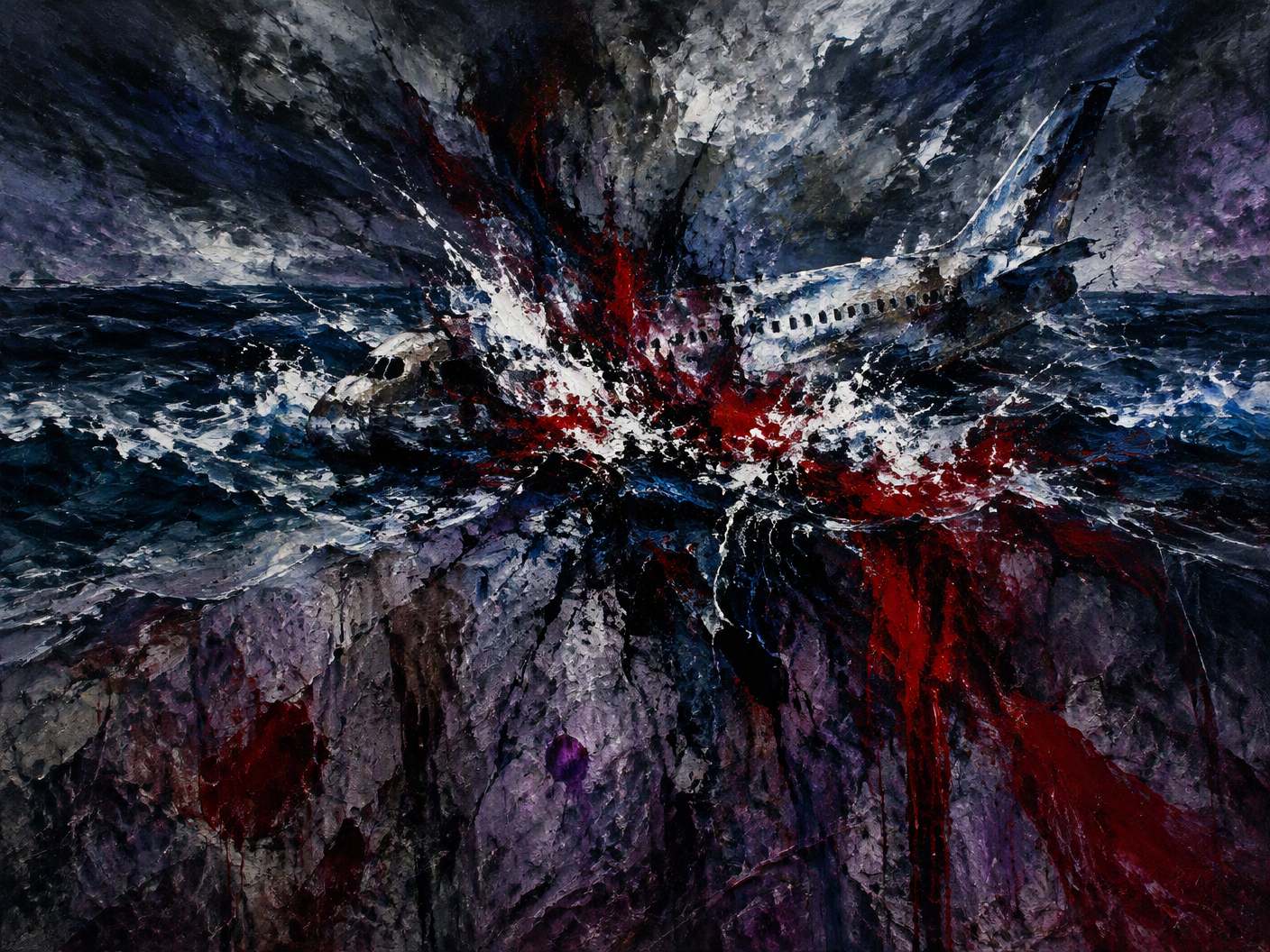 Abstract painting showing a dark, stormy sea with aggressive black and blue strokes ruptured by splashes of white and red paint symbolizing a plane crash, evoking the tragic loss of Emiliano Sala in the English Channel.