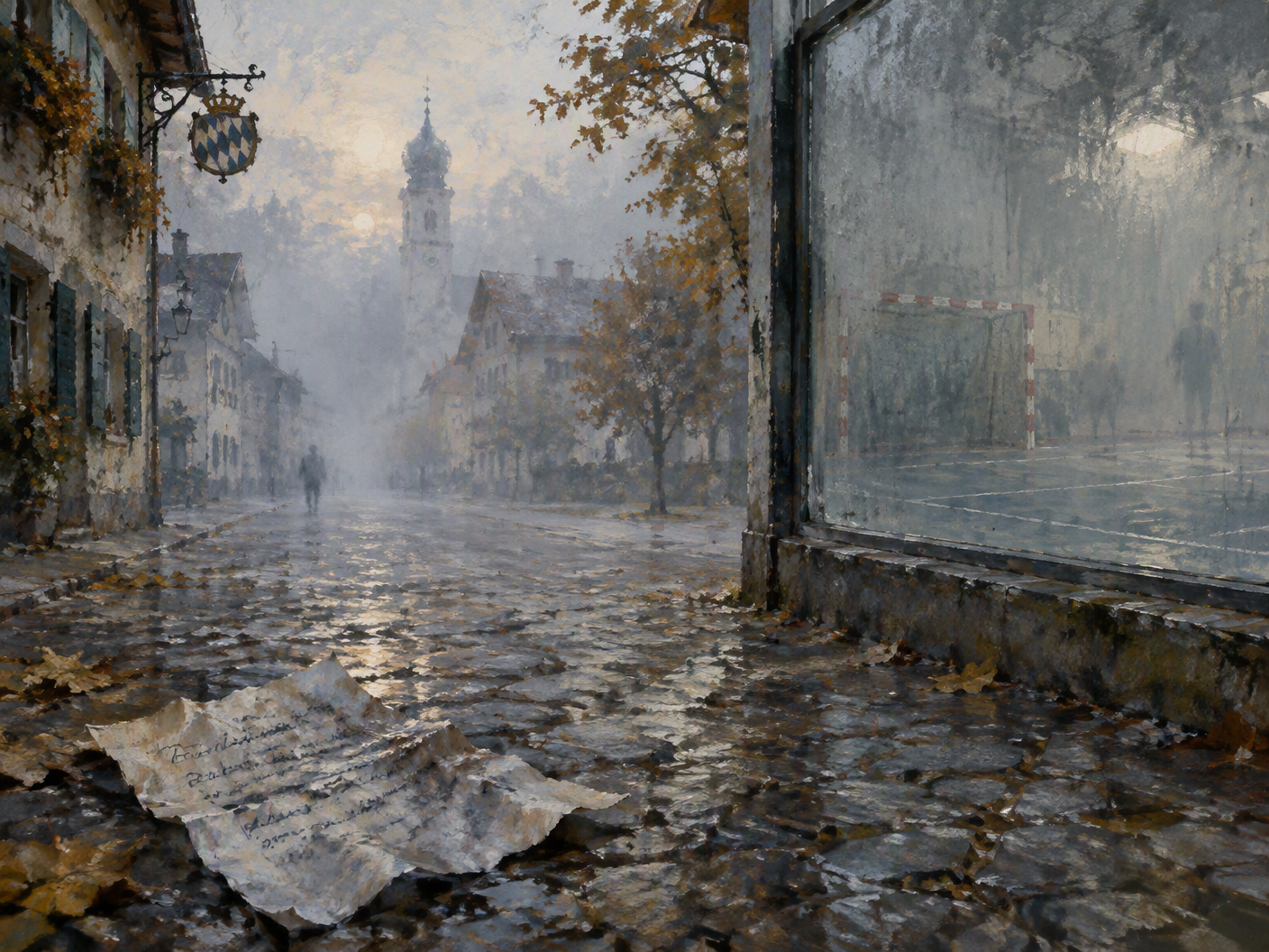 An impressionist scene of a foggy Bavarian town street with a faded handball court and a blurred note lying on cobblestones, evoking the mysterious disappearance of a Sri Lankan handball team.