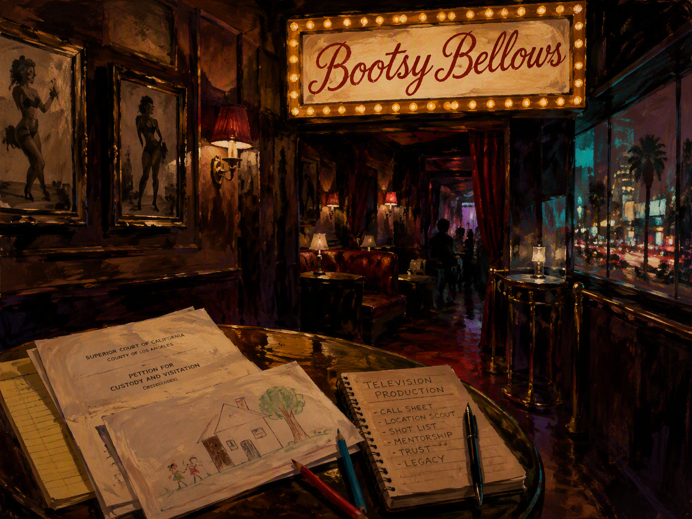A 4:3 gouache painting of a dim Los Angeles nightclub interior with framed burlesque photographs, an open custody file, a child’s colored pencil, and a television notebook beneath amber and burgundy lighting.