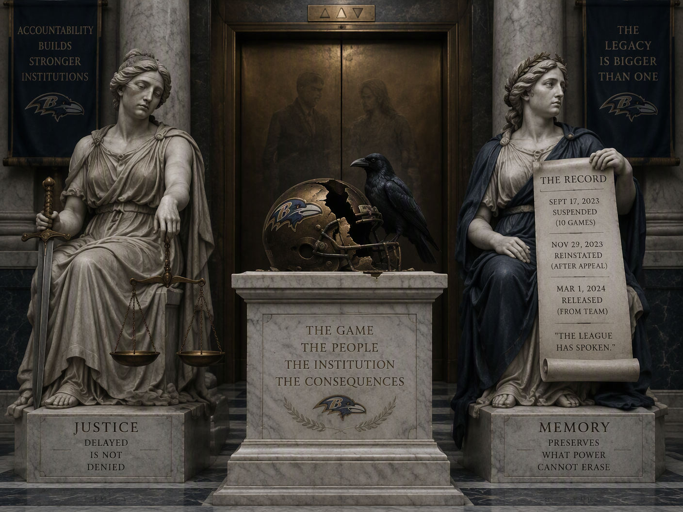 A formal neoclassical tableau with a marble pedestal bearing a shattered NFL helmet and a raven, flanked by allegorical figures of Justice and Memory beside a closed bronze elevator door etched with a blurred couple in conflict, set in a grand civic hall.