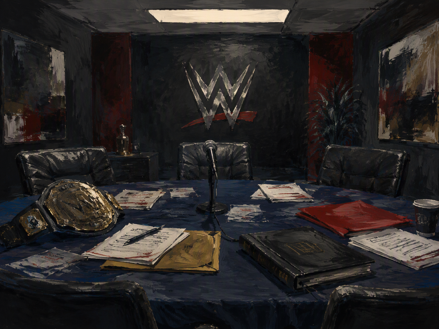 A dim conference room contains a microphone, scattered papers, a closed legal binder, and championship-related documents under fluorescent light.