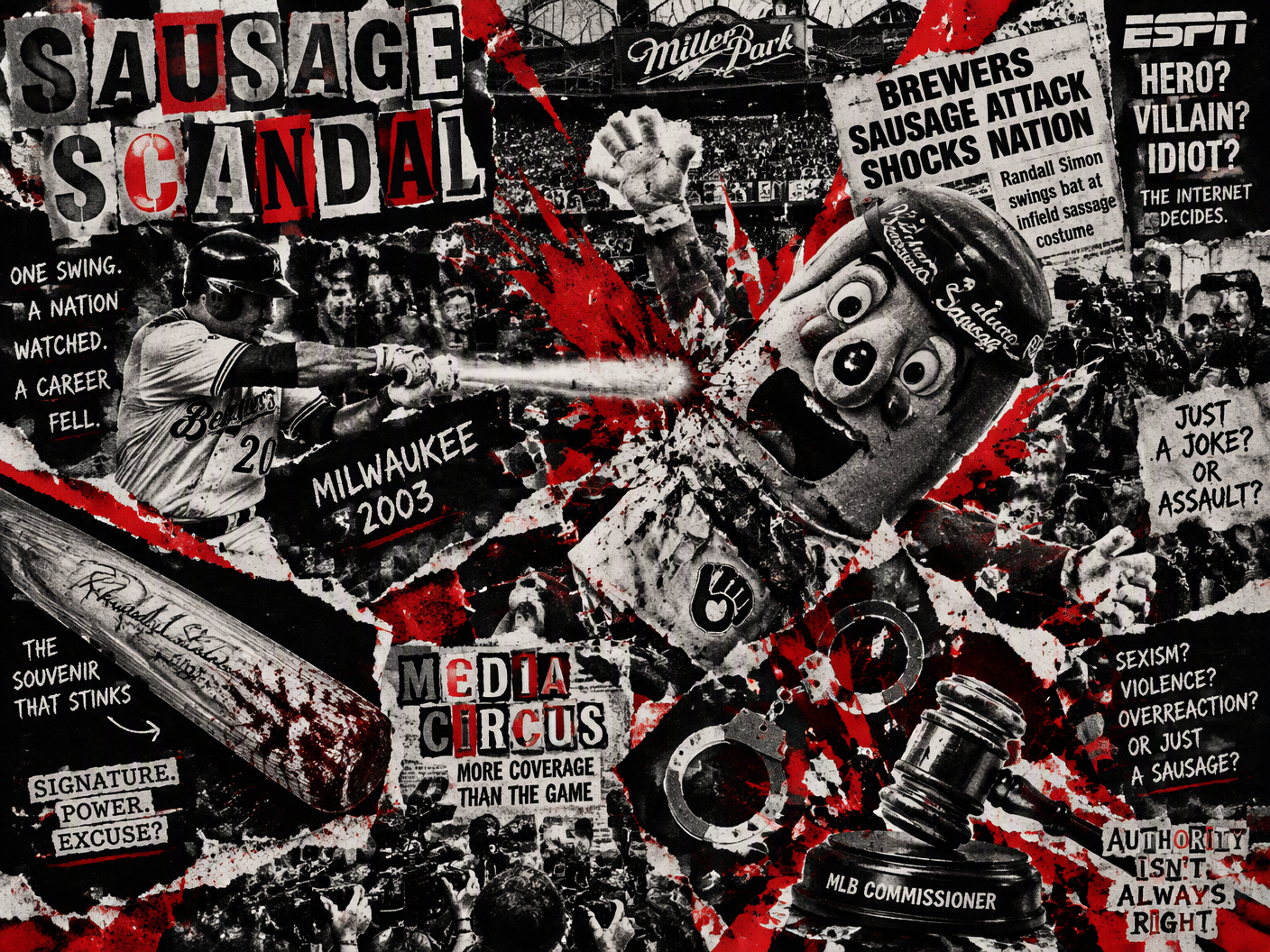 Collage of a torn oversized sausage costume hit by a bat, with ransom-style letters, gritty photocopy textures, and chaotic fragmented imagery showing a fall and symbols of fines and suspension in a punk agitprop style.