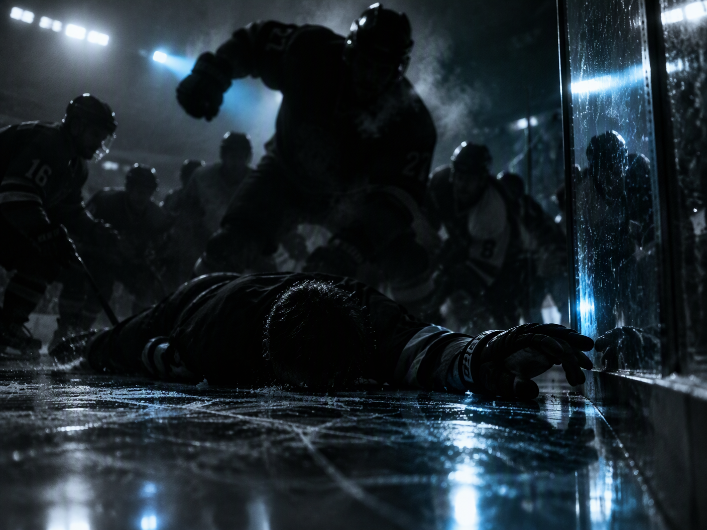 A high-contrast black-and-white image of a hockey player lying face-first on the ice under harsh arena lights, with a shadowy figure punching from behind and other players indistinctly piled on top, evoking tension and moral ambiguity.