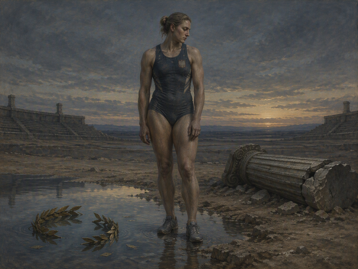A muted-toned, surreal landscape showing a lone female athlete standing amid desolate classical ruins at twilight, symbolizing isolation and fractured legacy after a doping scandal.