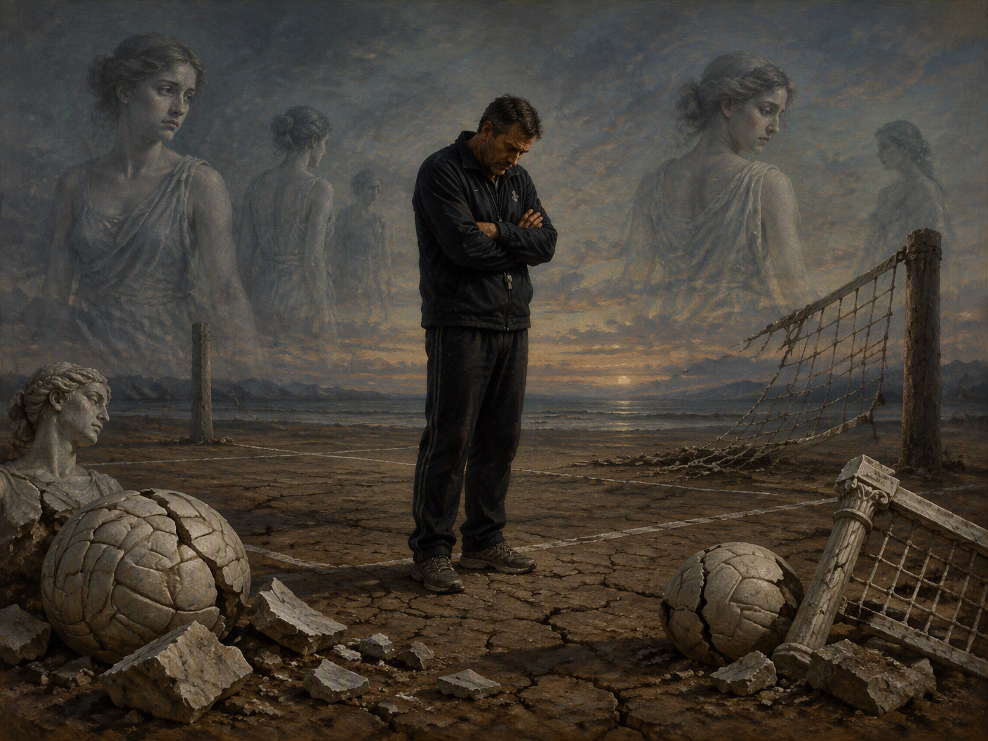 A solitary man resembling a classical coach stands on an empty, cracked volleyball court at dusk, with ghostly female figures fading into the background and broken classical volleyball statues scattered on the ground, all rendered in muted earth tones and soft light.