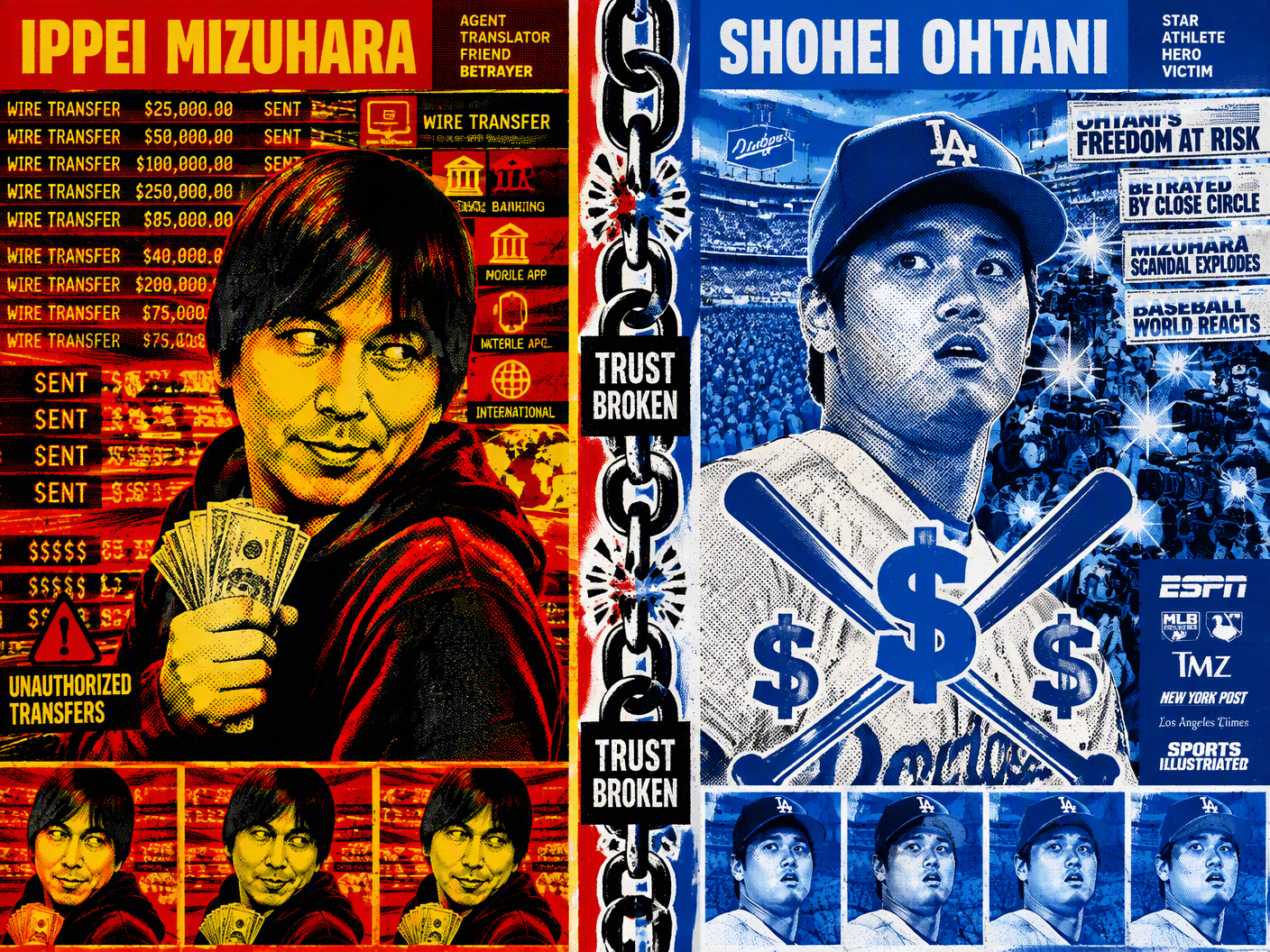 Pop art style illustration showing Ippei Mizuhara holding stolen money with a conflicted expression, repeated in screen-print style next to a shocked Shohei Ohtani silhouetted with baseball and dollar sign graphics; background filled with digital wire transfer codes and flashing media cameras, symbolizing betrayal and public scandal.