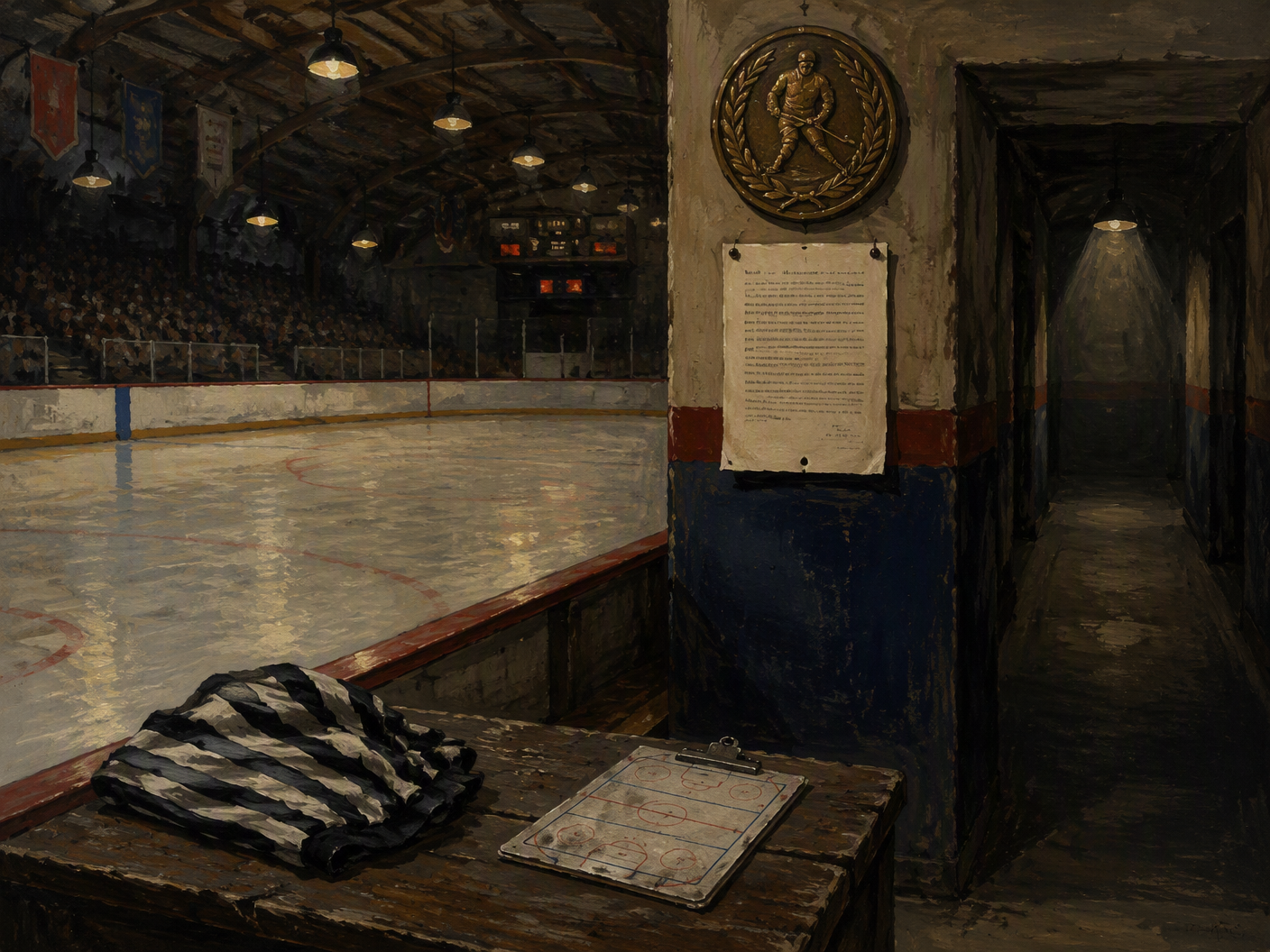 A gouache painting of an empty hockey bench and tunnel under yellow arena lights, with a hat, clipboard, whistle, and glove on the ice and a suspension notice on a wooden door.