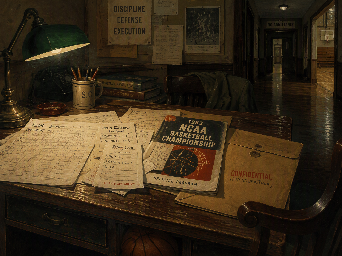 A gouache painting of a dim early-1960s office desk with betting papers, a basketball program, a rotary telephone, and a gun-shaped shadow, with a smoky empty gym visible behind frosted glass.