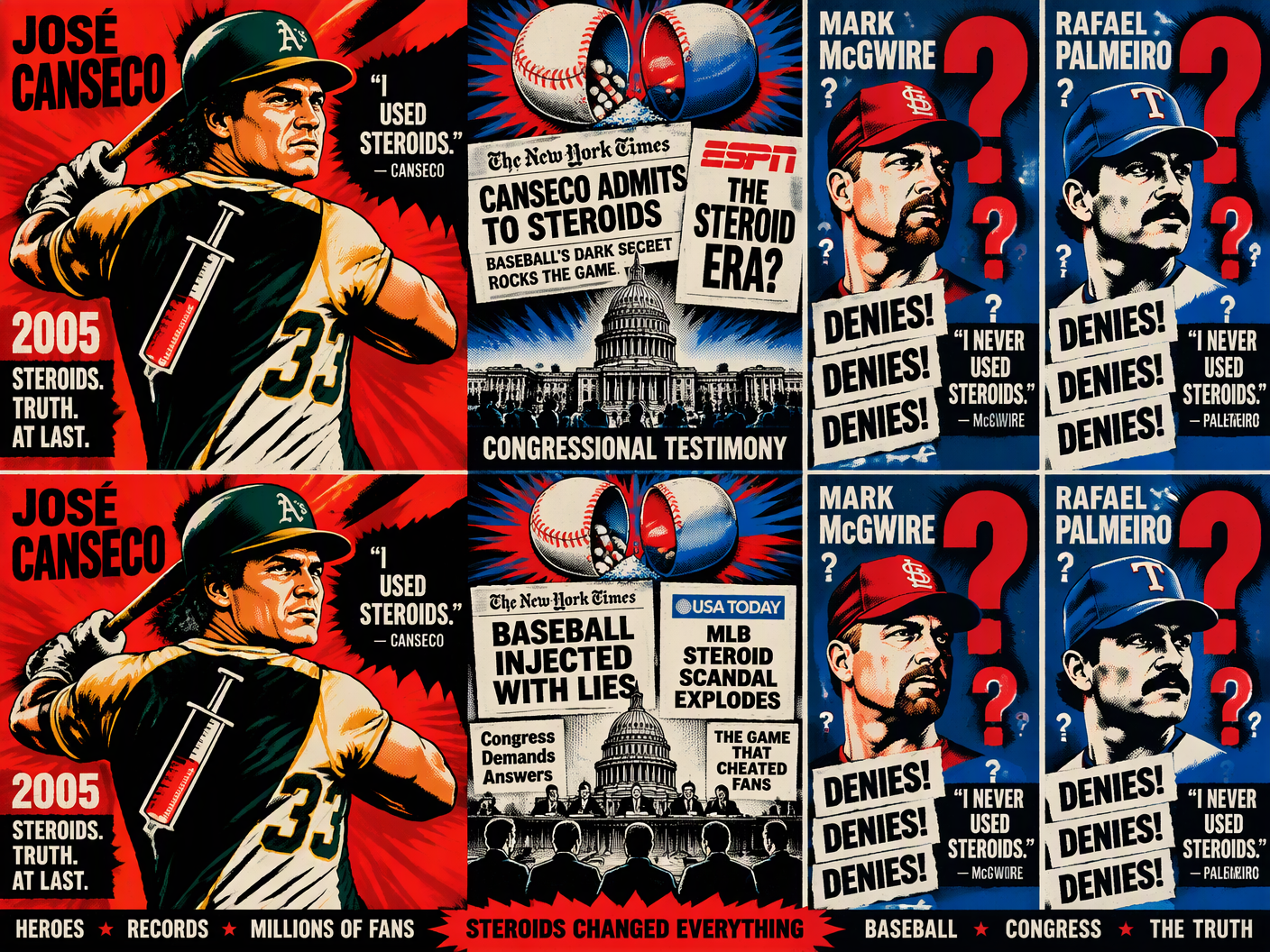 Pop art style image showing repeated graphic panels of José Canseco with syringe silhouette, caricatures of Mark McGwire and Rafael Palmeiro with question marks, against a background of cracked baseballs and congressional symbols, in bold reds, blues, black and white.