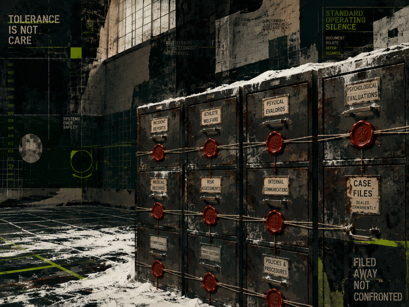 An empty institutional gymnasium contains rows of locked, rusted steel filing cabinets covered by white chalk dust. Red wax seals bind the drawers shut. The graphic collage uses black, ivory, lime, and deep emerald tones.