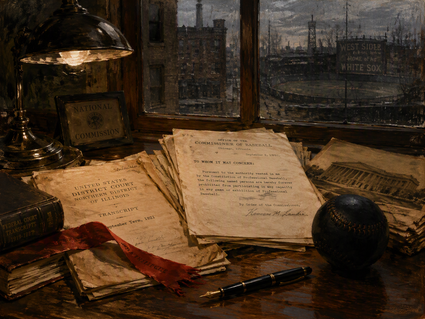 A sepia courtroom scene shows scattered trial papers, a baseball, and a commissioner’s decree beneath a heavy institutional shadow, with indistinct seated spectators in the background.