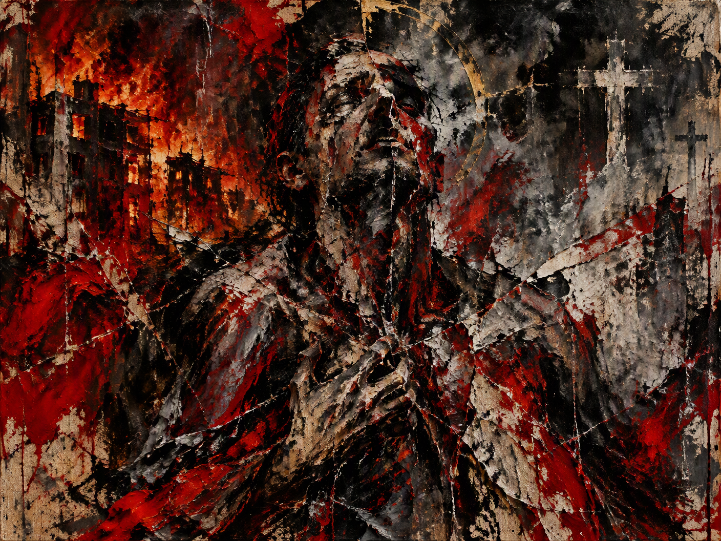 Abstract expressionist painting with aggressive red, black, and gray strokes forming a raw, fractured figure emerging from scorched textures, symbolizing turmoil and divine compulsion behind an apartment fire.