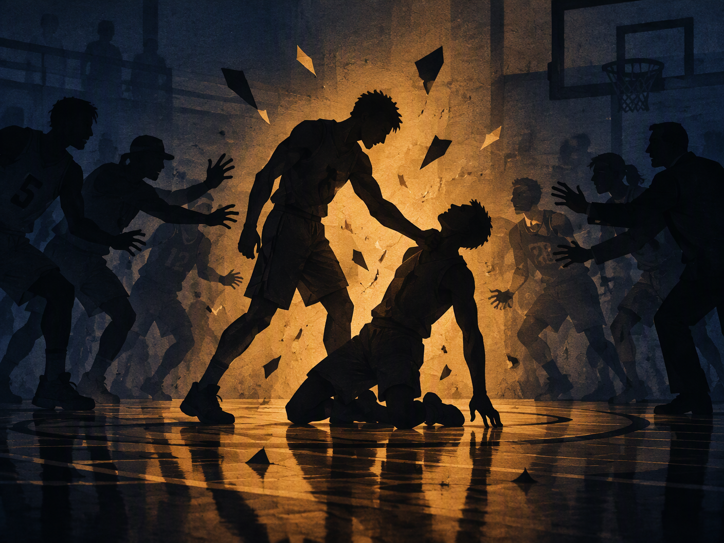 Silhouette cut-paper artwork showing two figures on a basketball court, one grabbing the other’s throat, surrounded by shadowy teammates reaching to intervene, rendered in deep blues and amber light creating a dramatic shadow theatre scene.