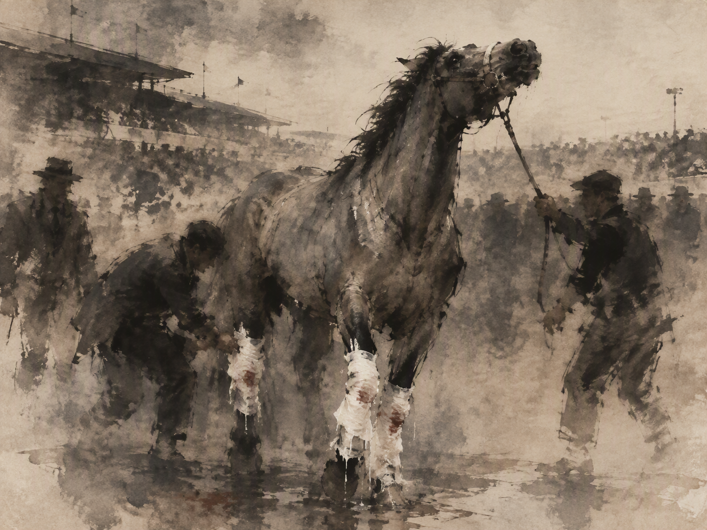 Ink wash expressionist image of a trembling, bandaged racehorse with its head tied back, surrounded by ghostlike figures, set against a misty, abstract racetrack background emphasizing tension and exposed deception.