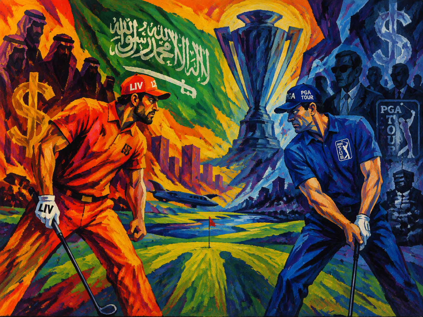 An expressive Fauvist painting of two rival golfers on a surreal course, one glowing with fiery reds and the other with cool blues, set against an abstract Saudi flag sun, symbolizing LIV Golf’s costly challenge to the PGA Tour amid scandal and financial uncertainty.