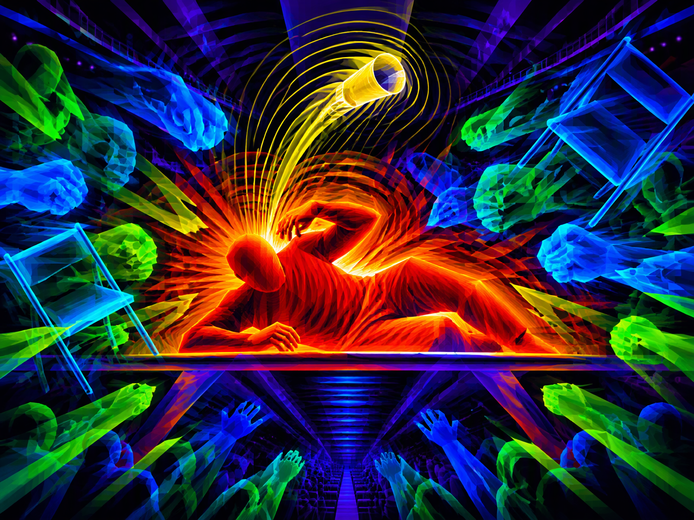 Abstract chromatic op art image with radiant energy fields and geometric shapes symbolizing the violent 2004 Pacers-Pistons brawl sparked by a thrown cup, featuring a reclining figure and dynamic, vibrant bursts of color depicting chaos and conflict.