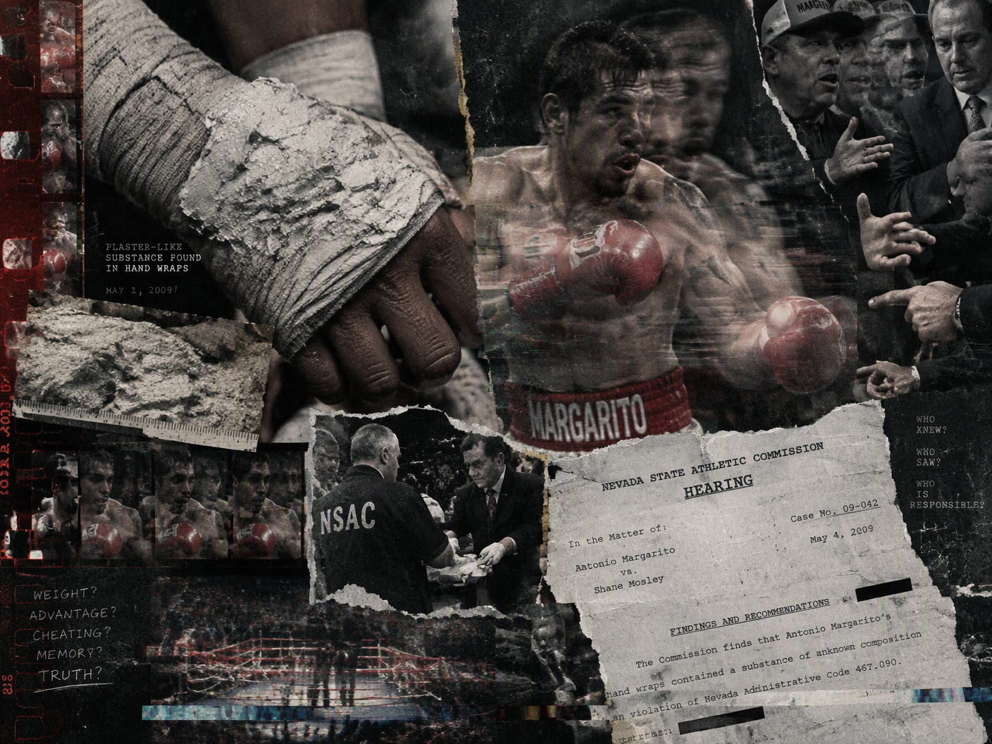 A textured collage showing close-up plaster-like substance smeared on boxing hand wraps, a ghostly double exposure of boxer Antonio Margarito mid-fight, and a torn official document beneath, rendered in muted reds and grays with film grain and scratches, symbolizing the scandal and fractured truth around Margarito’s illegal wraps.