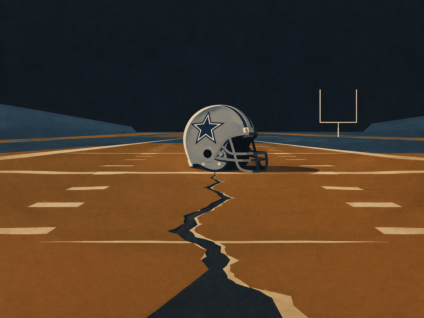 Simplified mid-century modern illustration showing a lone football helmet on an abstract football field under a dark sky, symbolizing the tragic death of Marshawn Kneeland after a police pursuit.