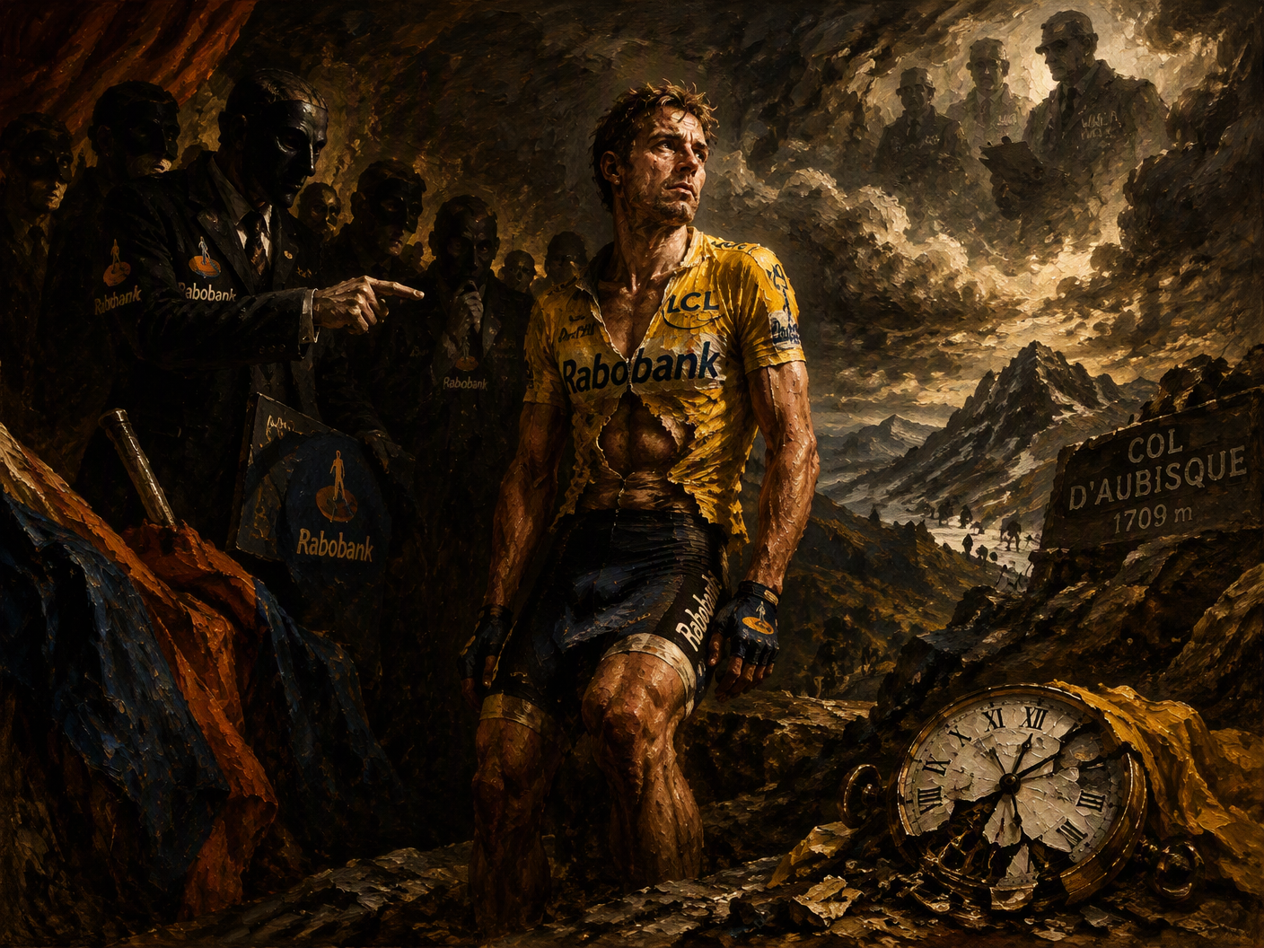 A Baroque-style painting showing cyclist Michael Rasmussen in the spotlight, wearing a yellow jersey, surrounded by dark, masked Rabobank officials gesturing accusingly in a dramatic mountainous setting; a broken clock lies at his feet symbolizing lost time and shattered trust, all rendered in deep chiaroscuro lighting.