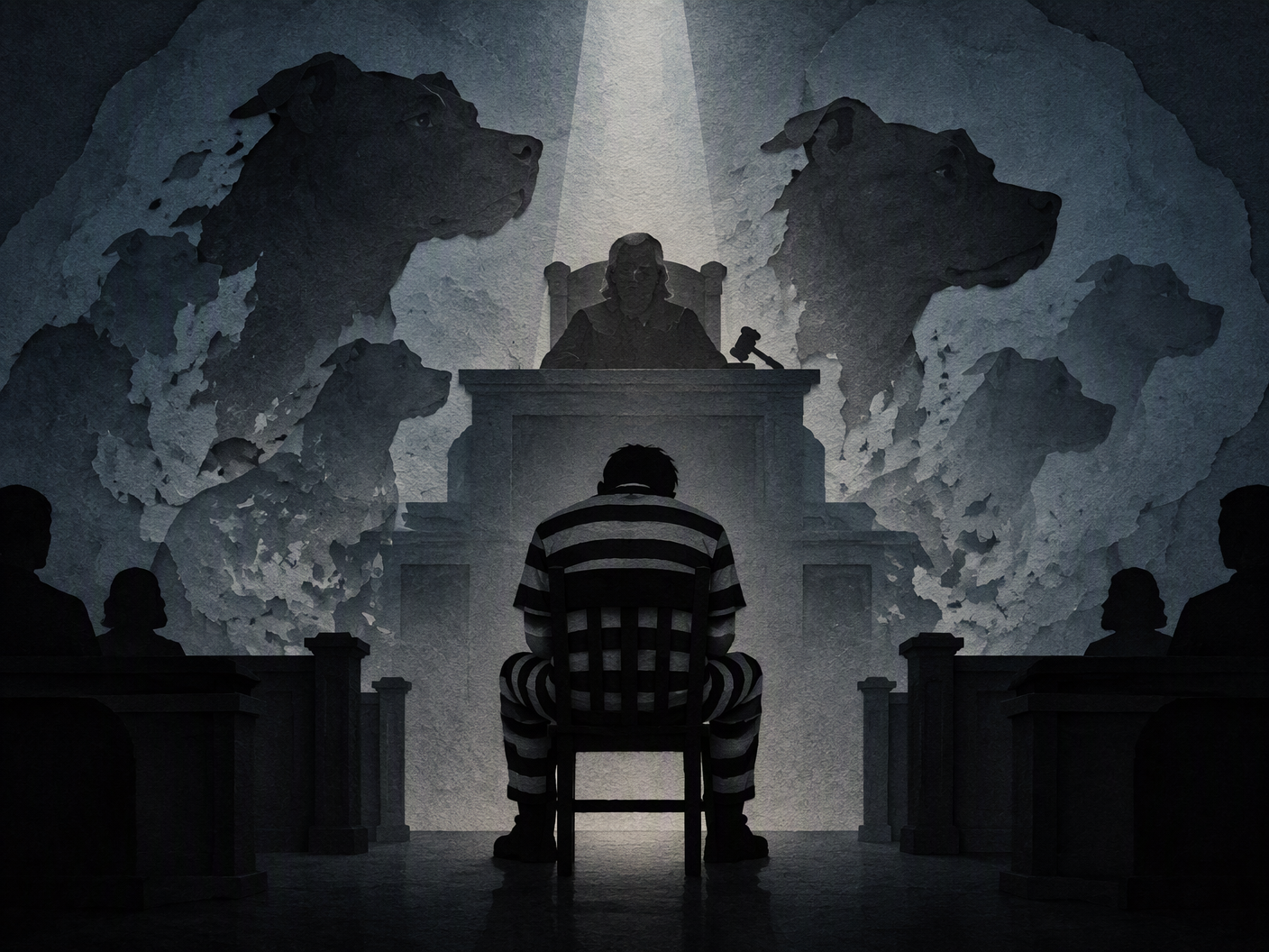 Silhouette cut-paper artwork showing a solitary figure in striped prison clothes in a courtroom, with ghostly pit bull silhouettes fading into shadows behind him, symbolizing loss and guilt in the dogfighting case.