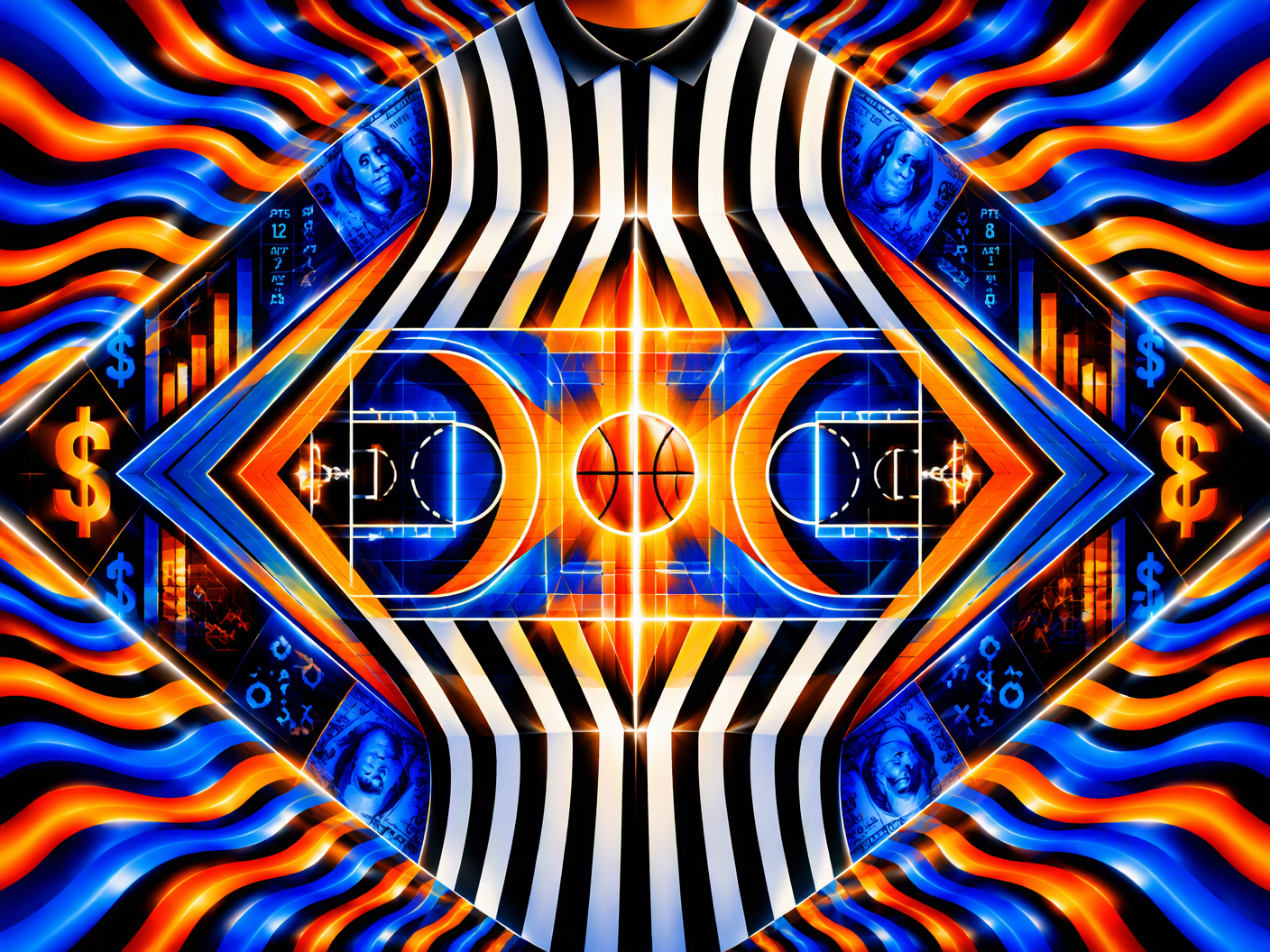 Abstract op art style illustration combining radiant geometric shapes and optical patterns symbolizing the internal conflict and concealed deceit in the NBA betting scandal involving Tim Donaghy.