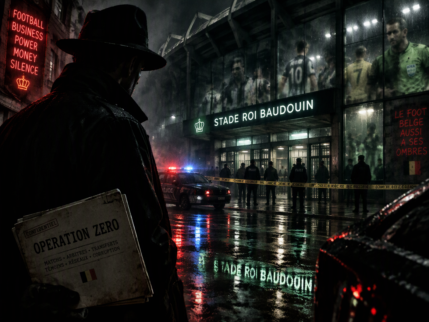 A shadowy figure stands in the rain outside a football stadium wrapped in police tape and flashing lights, reflecting a noir world of corruption and suspicion in Belgian football.