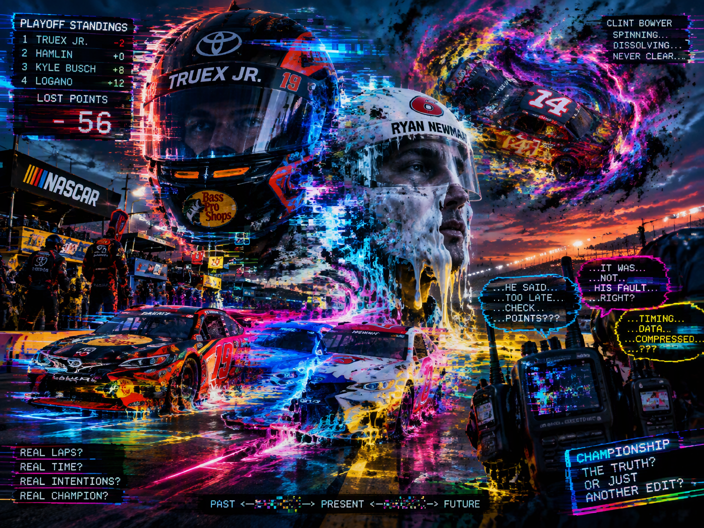 A surreal digital artwork showing melting and glitching NASCAR race cars and drivers’ helmets at Richmond, with pixelated spinning car smoke and fractured pit crew radios, symbolizing the distorted and corrupted events around Michael Waltrip Racing’s 2013 race manipulation case.