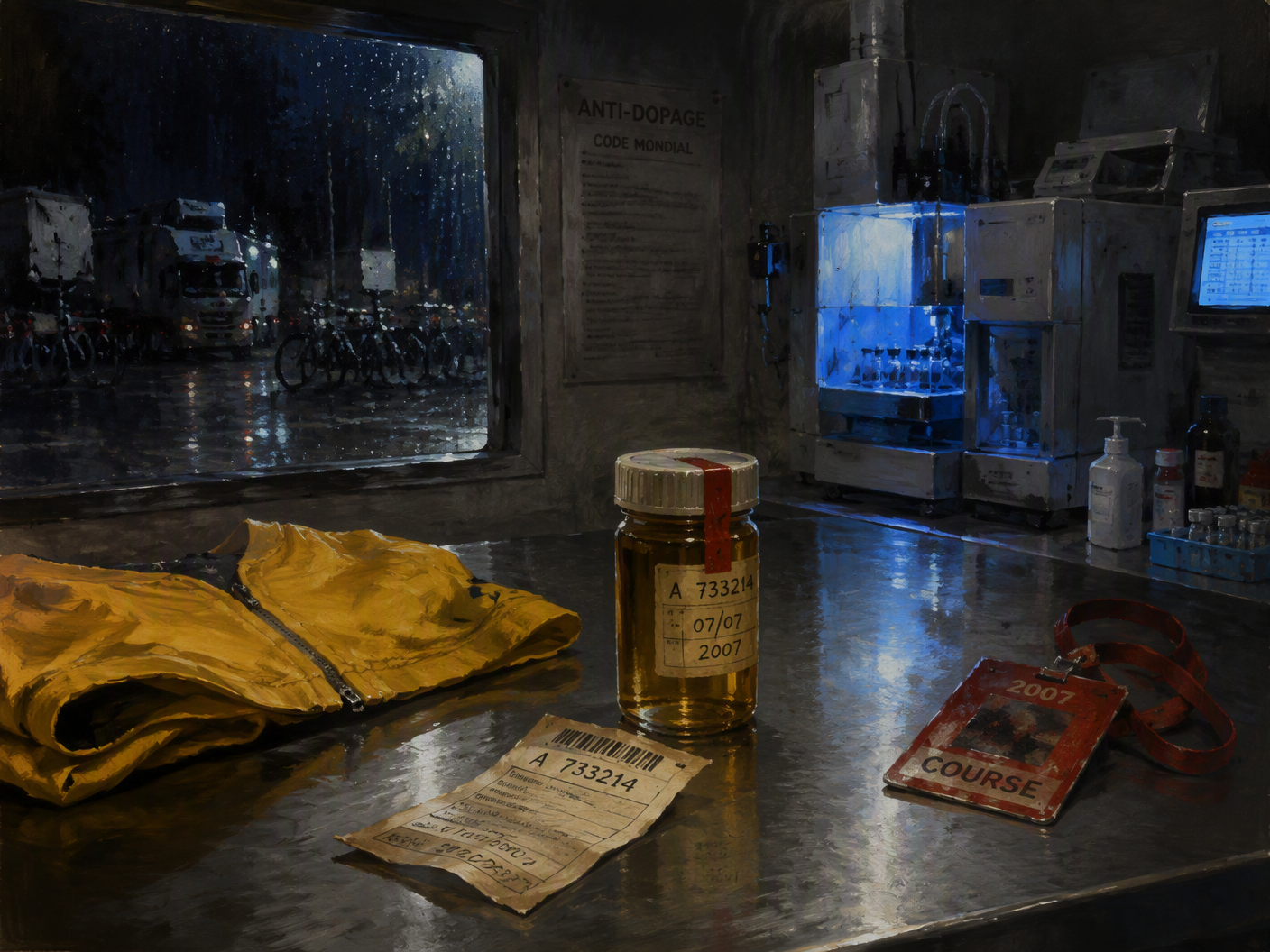A dark laboratory bench holds a sealed urine vial, testing equipment, paperwork, and a folded yellow cycling jersey, with blurred bicycles visible through a rain-streaked window.