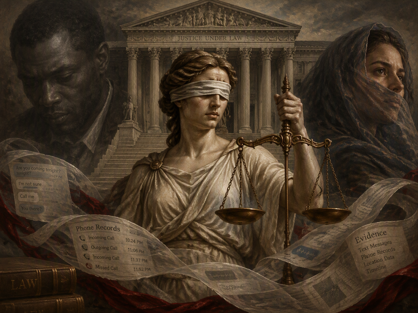 A neoclassical scene shows a blindfolded Justice holding slightly unbalanced scales before a grand courthouse, flanked by shadowed portraits of Sam Ukwuachu and a veiled female figure, with translucent scrolls symbolizing contested messages and evidence weaving through the composition.
