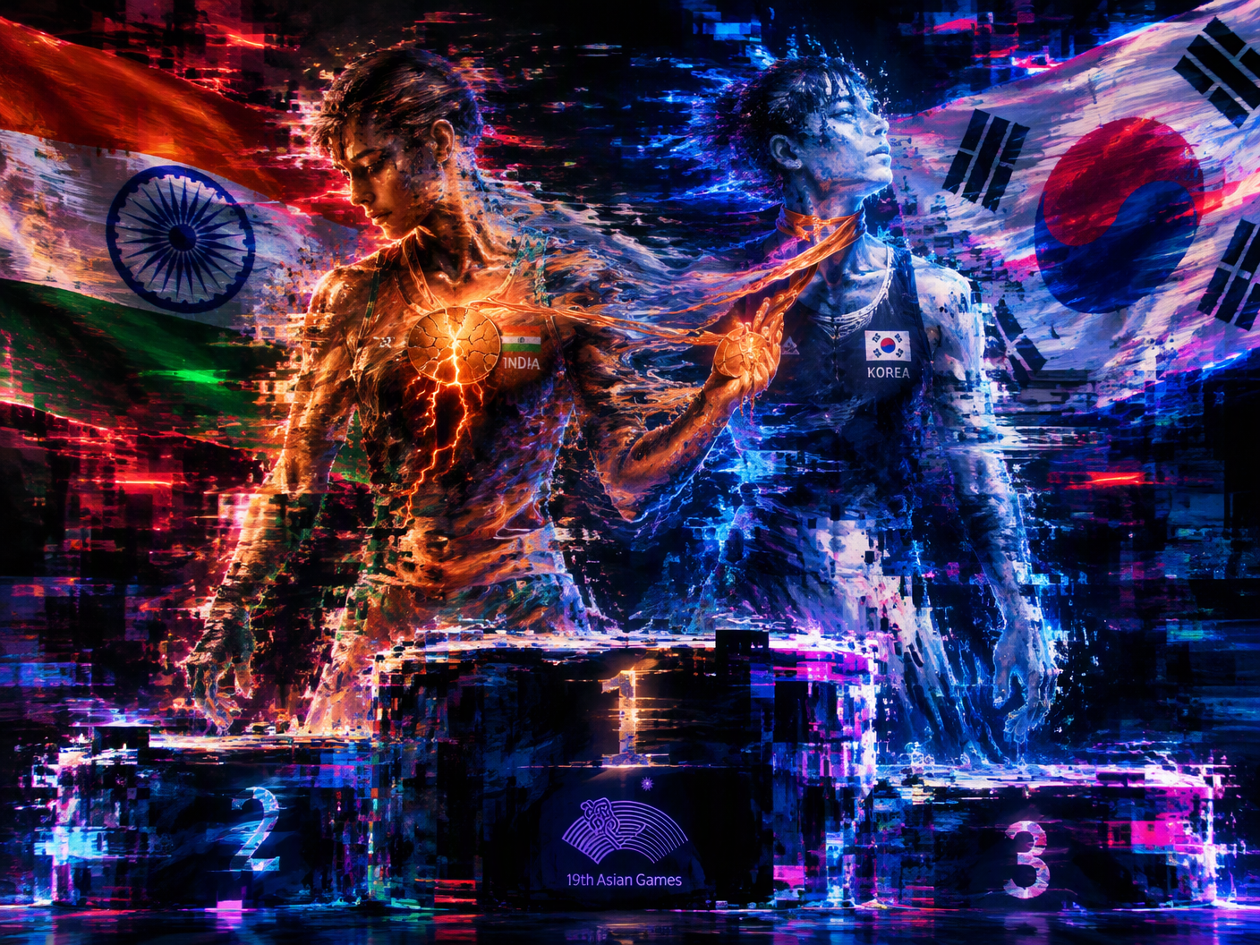 Digital surrealist image of two pixel-distorted female boxers on a glitching podium, one placing a glowing bronze medal around the other's neck, with neon red and blue neon warped flags behind, symbolizing Sarita Devi's protest against the judging at the Asian Games medal ceremony.