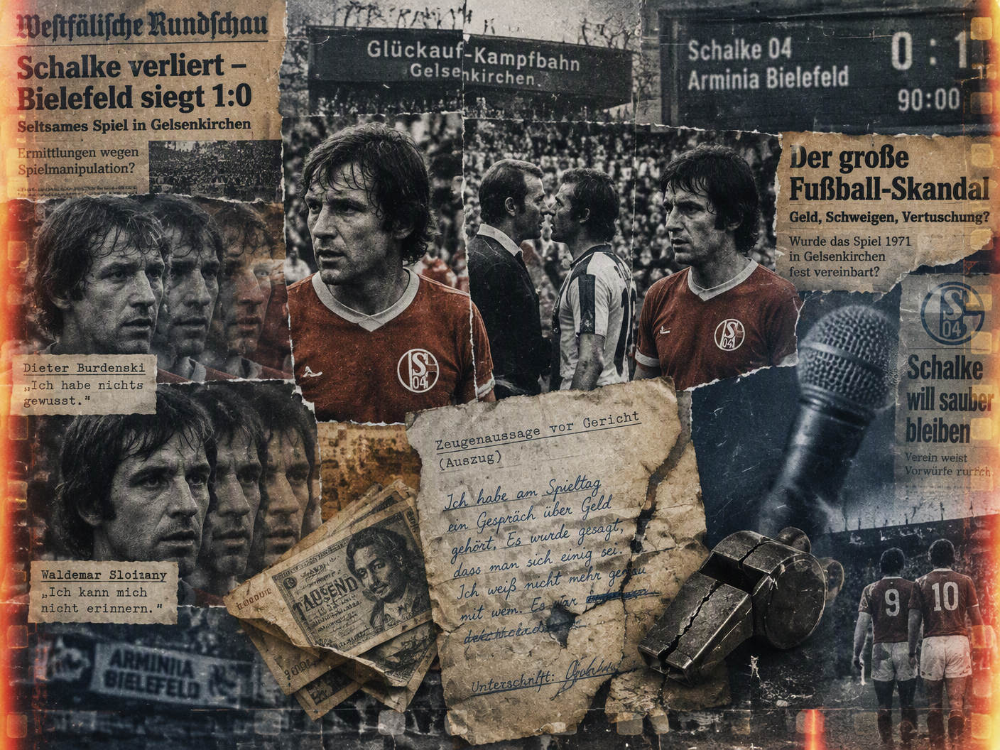 Grainy 35mm collage showing fragmented faces of Schalke players, torn cutouts of cash, faded newspaper clippings, a distorted scoreboard reading 0-1, and cracked whistle symbolizing the 1971 bribery scandal at Glückauf-Kampfbahn.