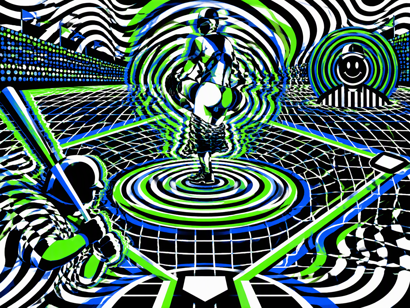 Abstract Op Art style illustration of a distorted baseball diamond with warped grids and concentric circles, featuring a fragmented figure at the pitcher's mound with pants lowered, and a stylized smiling umpire form, rendered in black, white, neon green, and electric blue, conveying emotional tension and motion.