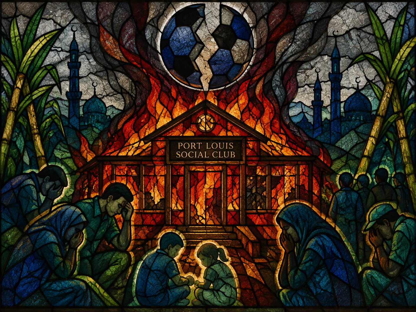 Stained-glass style image showing a burning social club with figures representing victims, two children highlighted, broken football symbolizing conflict, abstract mosque and sugar cane forms in background, all in jewel tones and lead lines conveying a somber illuminated scene.