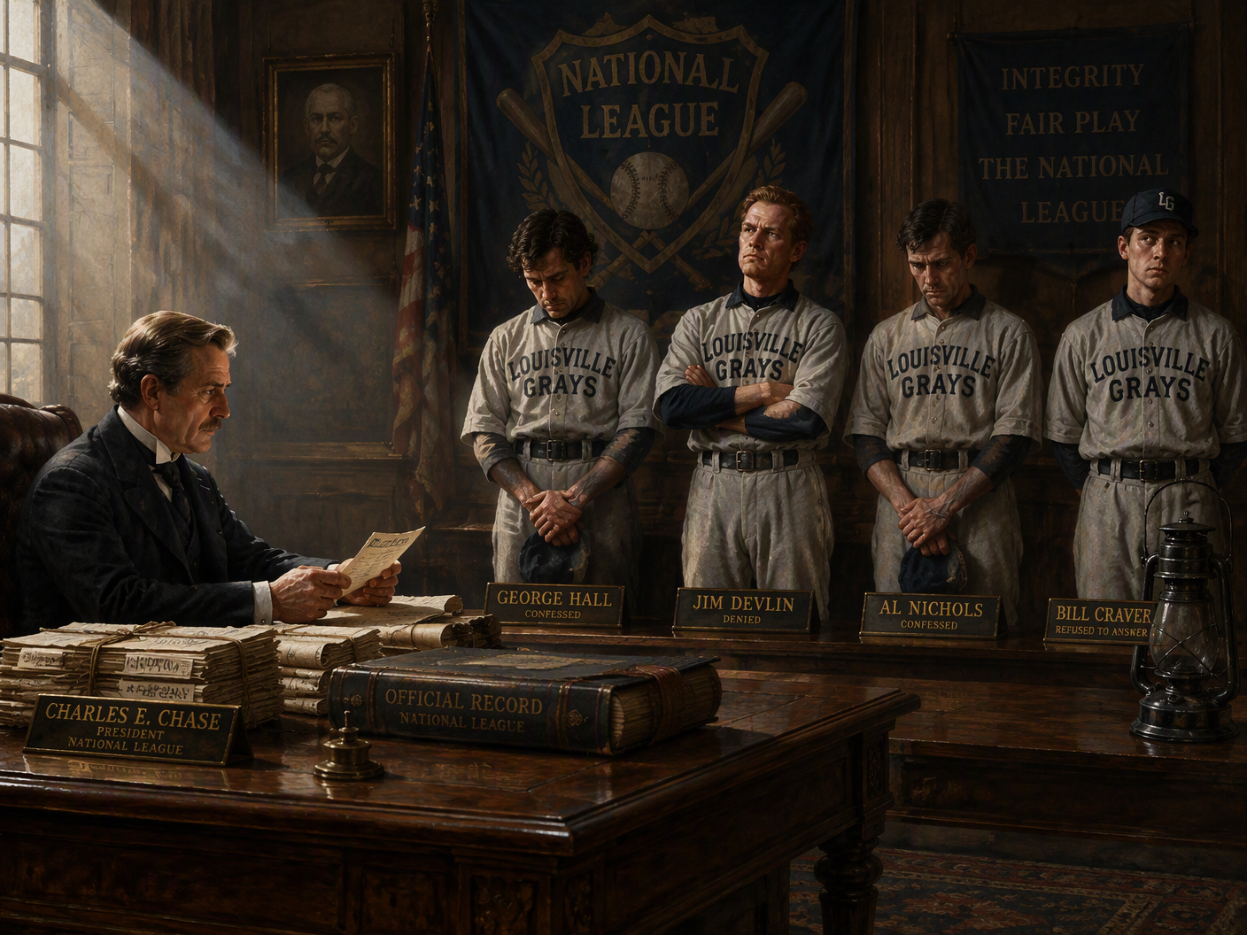 A formal 19th-century style painting showing Charles E. Chase at a desk examining telegrams under a beam of light, facing four baseball players from the Louisville Grays with serious, conflicted expressions inside a stately meeting chamber symbolizing institutional authority.